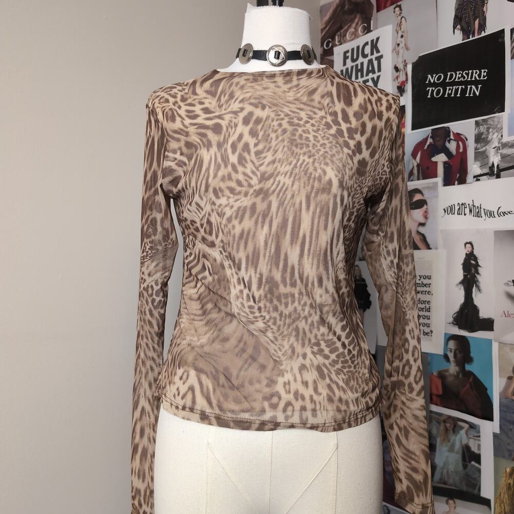 Leopard Print Mesh Long Sleeve Top